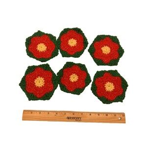 Set of 6 Vintage Handmade Crochet Knitted Christmas Poinsettias Drink Coasters